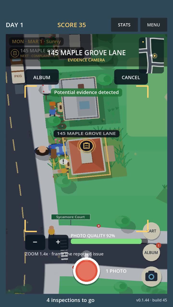 Evidence camera interface with framing and photo quality