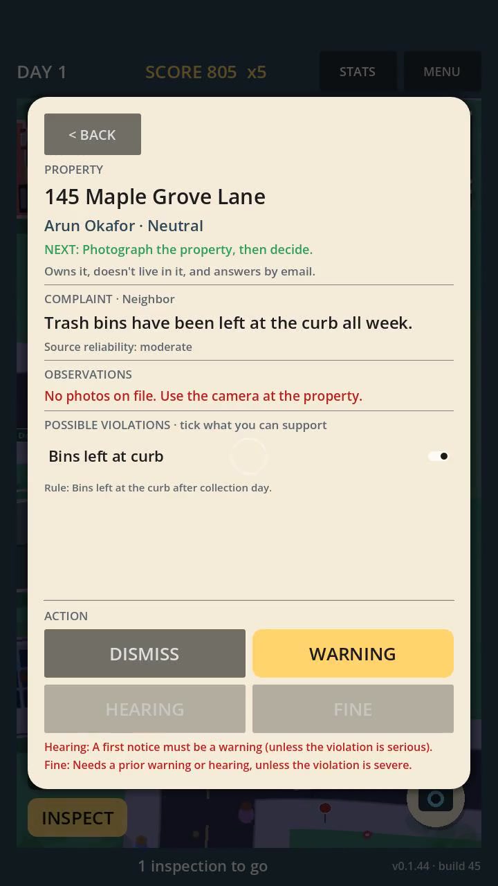 Three-day case progression screen