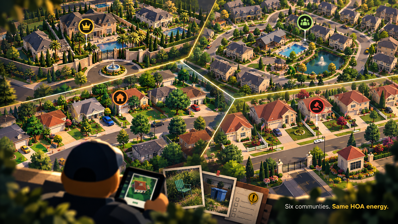 Map showing six Yard Rage communities