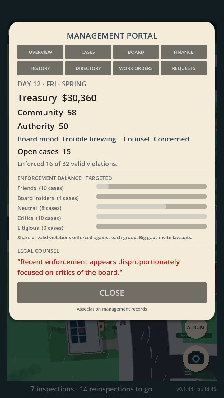 Management portal showing enforcement balance and legal counsel warning